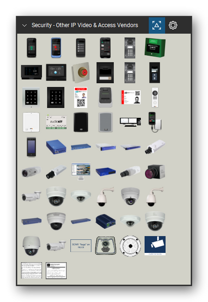 Security & Surveillance tool set for Bluebeam Revu, Other IP Video & Access Vendors set - 54 tools: EvTrack_Handheld_Chainway_C71, EvTrack_Handheld_Chainway_C70t, EvTrack_Handheld_Honeywell_EDA51, EvTrack Handheld Memor 10, EvTrack IP_Force, EvTrack Glass Break, EvTrack 2N Touch Panel, EvTrack 2N Indoor View, EvTrack Panic Button, EvTrack 2N IP Solo 1 Button and 43 more. Tool Chest in Symbol view.