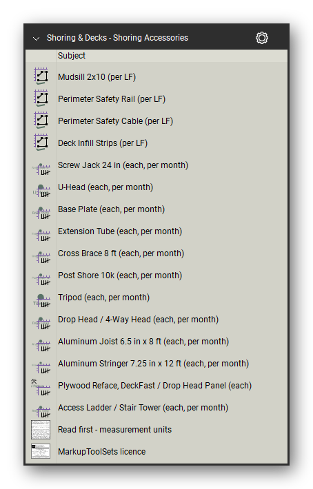 Accessories in the Shoring & Elevated Decks Takeoff & Estimating Bluebeam tool set