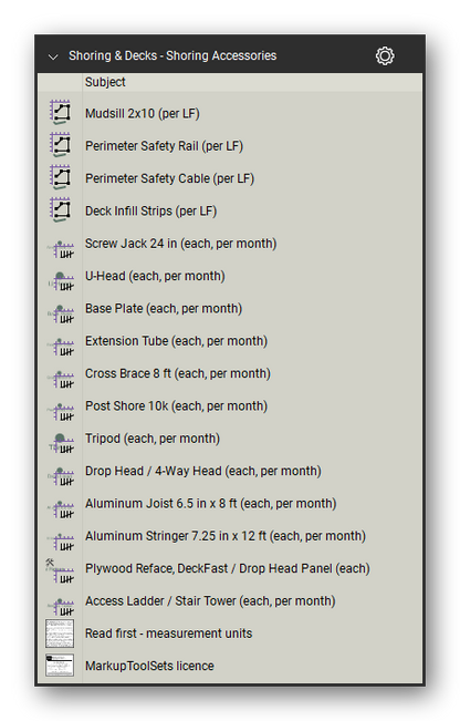 Accessories in the Shoring & Elevated Decks Takeoff & Estimating Bluebeam tool set