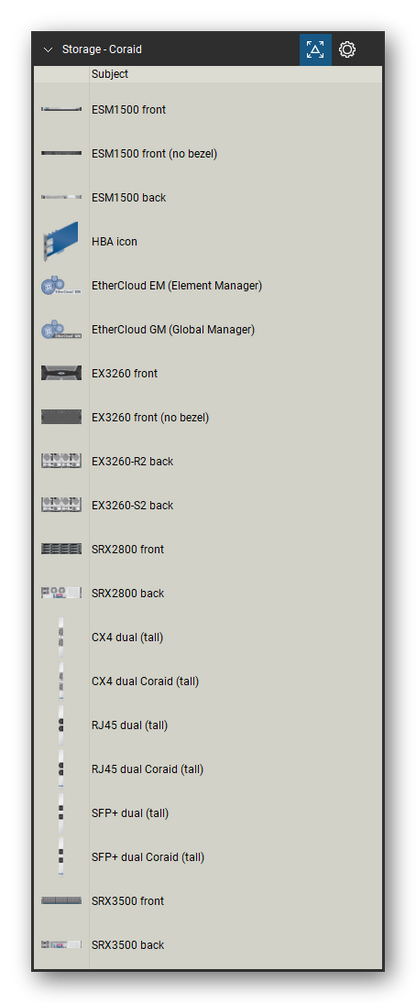 Storage & Backup tool set for Bluebeam Revu, Coraid set (tools 1-20 of 44) - 20 views of 17 devices, front and rear: ESM1500, ESM1500 front (no bezel), HBA icon, EtherCloud EM (Element Manager), EtherCloud GM (Global Manager), EX3260, EX3260 front (no bezel), EX3260-R2, EX3260-S2, SRX2800 and 7 more. Tool Chest in Detail view, one row per tool with its name.