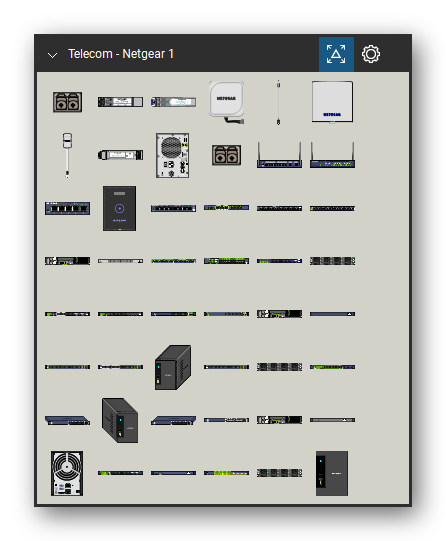 Telecom, Voice & Wireless tool set for Bluebeam Revu, Netgear 1 set (tools 1-48 of 202) - 48 views of 34 devices, front, rear, side and isometric: AGM731F (MFS), AGM732F, AGM733, ANT224D10, ANT2409, ANT24D18, ANT24O5, AXM751, RN716X-100xxx, AXM752 (MFS) and 24 more. Tool Chest in Symbol view.