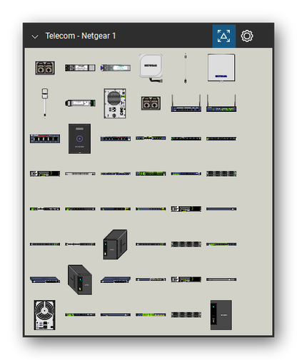 Telecom, Voice & Wireless tool set for Bluebeam Revu, Netgear 1 set (tools 1-48 of 202) - 48 views of 34 devices, front, rear, side and isometric: AGM731F (MFS), AGM732F, AGM733, ANT224D10, ANT2409, ANT24D18, ANT24O5, AXM751, RN716X-100xxx, AXM752 (MFS) and 24 more. Tool Chest in Symbol view.