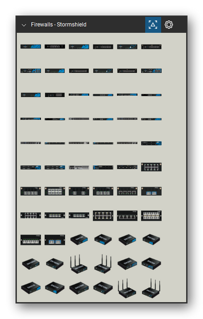Firewalls & Security Appliances tool set for Bluebeam Revu, Stormshield set (tools 1-66 of 110) - 66 views of 53 devices, rear: SN150, SN160, SN160W, SN200, SN210, SN210W, SN300, SN310, SN500, SN510 and 43 more. Tool Chest in Symbol view.