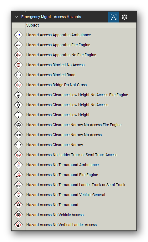 Incident & Emergency Management tool set for Bluebeam Revu, Access Hazards set (tools 1-20 of 38) - 20 tools: Hazard Access Apparatus Ambulance, Hazard Access Apparatus Fire Engine, Hazard Access Apparatus No Fire Engine, Hazard Access Blocked No Access, Hazard Access Blocked Road, Hazard Access Bridge Do Not Cross, Hazard Access Clearance Low Height No Access, Hazard Access Clearance Low Height, Hazard Access Clearance Narrow No Access and more. Tool Chest in Detail view, one row per tool with its name.