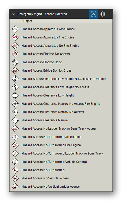 Incident & Emergency Management tool set for Bluebeam Revu, Access Hazards set (tools 1-20 of 38) - 20 tools: Hazard Access Apparatus Ambulance, Hazard Access Apparatus Fire Engine, Hazard Access Apparatus No Fire Engine, Hazard Access Blocked No Access, Hazard Access Blocked Road, Hazard Access Bridge Do Not Cross, Hazard Access Clearance Low Height No Access, Hazard Access Clearance Low Height, Hazard Access Clearance Narrow No Access and more. Tool Chest in Detail view, one row per tool with its name.