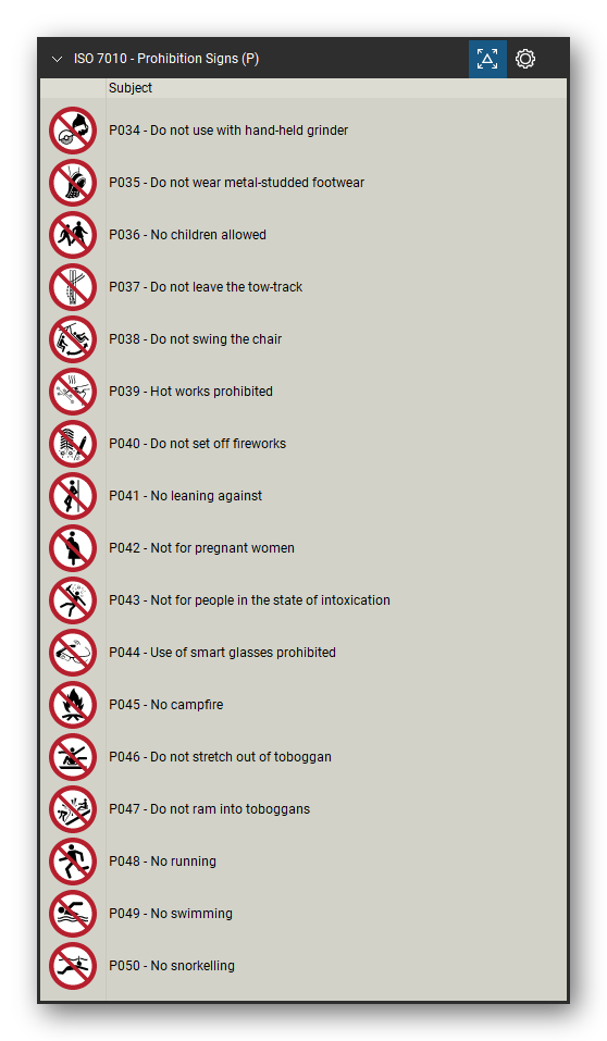 ISO 7010 Safety Signs tool set for Bluebeam Revu, Prohibition Signs (P) set (part 3 of 5) - 81 prohibition signs, red ring and bar: general prohibition sign, no smoking, no open flame, no thoroughfare, not drinking water, no access for forklift trucks, no access for people with implanted cardiac devices, do not touch, do not extinguish with water, no mobile phones, do not use lift in the event of fire, do not obstruct and more. Tool Chest in Detail view, one row per sign with its number and full name.