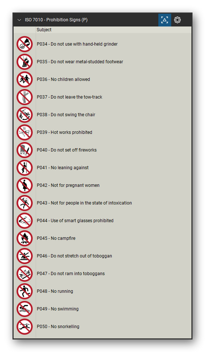 ISO 7010 Safety Signs tool set for Bluebeam Revu, Prohibition Signs (P) set (part 3 of 5) - 81 prohibition signs, red ring and bar: general prohibition sign, no smoking, no open flame, no thoroughfare, not drinking water, no access for forklift trucks, no access for people with implanted cardiac devices, do not touch, do not extinguish with water, no mobile phones, do not use lift in the event of fire, do not obstruct and more. Tool Chest in Detail view, one row per sign with its number and full name.