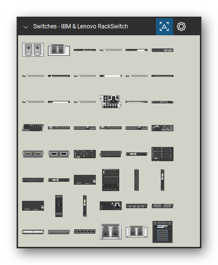 Network Switches & Routers tool set for Bluebeam Revu, IBM & Lenovo RackSwitch set (tools 1-48 of 141) - 48 views of 45 devices, front and rear: IBM Fibre SFP+, IBM Fibre XFP, IBM B24C Front (Copper), IBM B24C Rear (Copper), IBM B24C Front (Fibre), IBM B24C 10GbE XFP, IBM B24C Rear (Fibre), IBM B48C Front (Copper), IBM B48C Rear (Copper), IBM B48C Front (Fibre) and 35 more. Tool Chest in Symbol view.