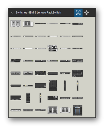 Network Switches & Routers tool set for Bluebeam Revu, IBM & Lenovo RackSwitch set (tools 1-48 of 141) - 48 views of 45 devices, front and rear: IBM Fibre SFP+, IBM Fibre XFP, IBM B24C Front (Copper), IBM B24C Rear (Copper), IBM B24C Front (Fibre), IBM B24C 10GbE XFP, IBM B24C Rear (Fibre), IBM B48C Front (Copper), IBM B48C Rear (Copper), IBM B48C Front (Fibre) and 35 more. Tool Chest in Symbol view.
