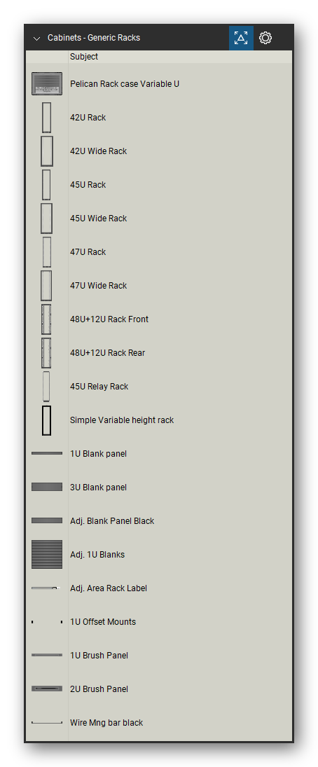 Racks, Cabinets & Cable Pathways tool set for Bluebeam Revu, Generic Racks set (tools 1-20 of 39) - 20 views of 19 devices, front and rear: Pelican Rack case Variable U, 42U Rack, 42U Wide Rack, 45U Rack, 45U Wide Rack, 47U Rack, 47U Wide Rack, 48U+12U Rack, 45U Relay Rack, Simple Variable height rack and 9 more. Tool Chest in Detail view, one row per tool with its name.