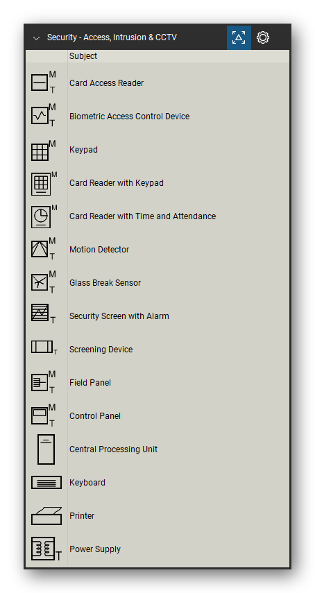 Security & Surveillance tool set for Bluebeam Revu, Access, Intrusion & CCTV set (tools 1-15 of 44) - 15 tools: Card Access Reader, Biometric Access Control Device, Keypad, Card Reader with Keypad, Card Reader with Time and Attendance, Motion Detector, Glass Break Sensor, Security Screen with Alarm, Screening Device, Field Panel and 5 more. Tool Chest in Detail view, one row per tool with its name.