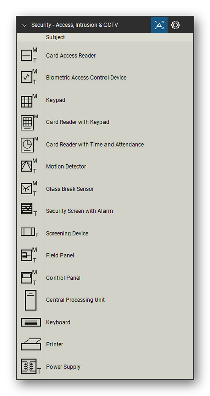 Security & Surveillance tool set for Bluebeam Revu, Access, Intrusion & CCTV set (tools 1-15 of 44) - 15 tools: Card Access Reader, Biometric Access Control Device, Keypad, Card Reader with Keypad, Card Reader with Time and Attendance, Motion Detector, Glass Break Sensor, Security Screen with Alarm, Screening Device, Field Panel and 5 more. Tool Chest in Detail view, one row per tool with its name.
