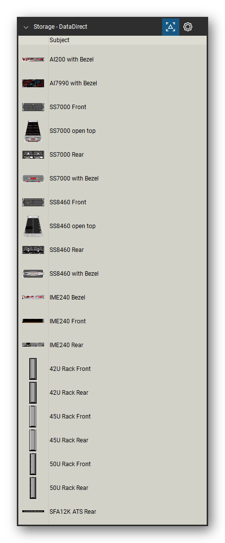 Storage & Backup tool set for Bluebeam Revu, DataDirect set (tools 1-20 of 57) - 20 views of 14 devices, front, rear and top: AI200 with Bezel, AI7990 with Bezel, SS7000, SS7000 open, SS7000 with Bezel, SS8460, SS8460 open, SS8460 with Bezel, IME240 Bezel, IME240 and 4 more. Tool Chest in Detail view, one row per tool with its name.