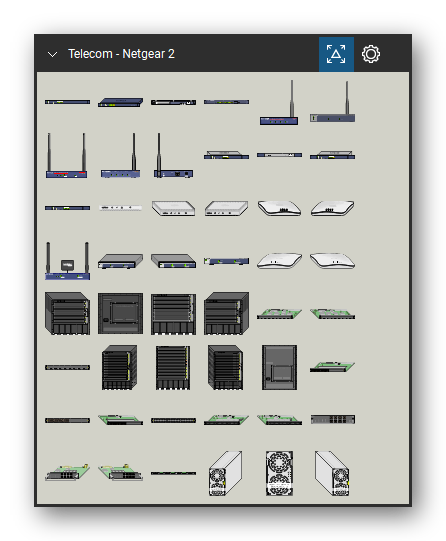 Telecom, Voice & Wireless tool set for Bluebeam Revu, Netgear 2 set (tools 1-48 of 206) - 48 views of 25 devices, front, rear, side and isometric: WC7520, WFS709TP, WG102, WG103, WG302, WGL102, WMS5316, WNAP210, WNAP320, WNDAP330 and 15 more. Tool Chest in Symbol view.