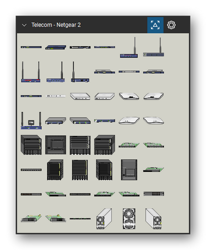 Telecom, Voice & Wireless tool set for Bluebeam Revu, Netgear 2 set (tools 1-48 of 206) - 48 views of 25 devices, front, rear, side and isometric: WC7520, WFS709TP, WG102, WG103, WG302, WGL102, WMS5316, WNAP210, WNAP320, WNDAP330 and 15 more. Tool Chest in Symbol view.