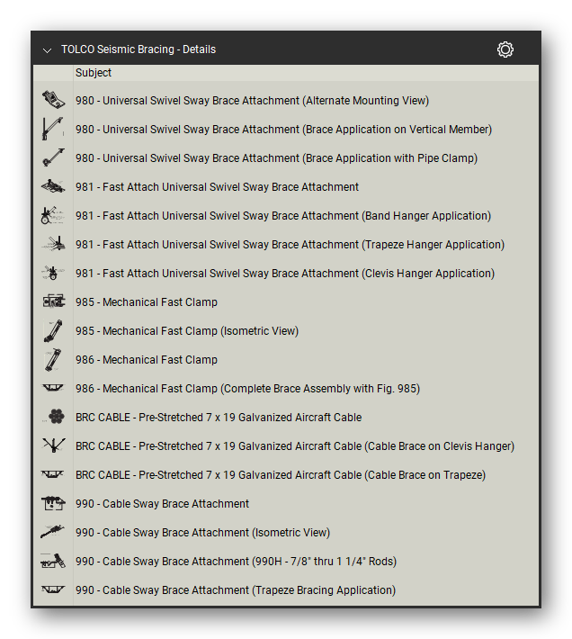 Tolco seismic bracing symbols in the Pipe Hangers and Supports Takeoff & Estimating Bluebeam tool set (sheet 3 of 4)