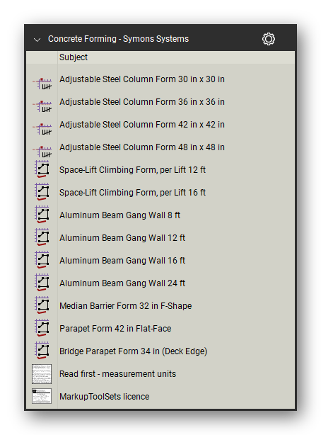 Symons systems in the Concrete Forming Takeoff & Estimating Bluebeam tool set (sheet 5 of 5)