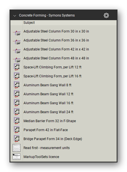 Symons systems in the Concrete Forming Takeoff & Estimating Bluebeam tool set (sheet 5 of 5)