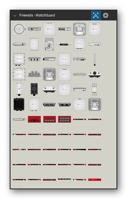 Firewalls & Security Appliances tool set for Bluebeam Revu, WatchGuard set (tools 1-66 of 136) - 66 views of 42 devices, front, rear, side, top and bottom: AP120, AP120 Ports, AP125, AP125 Ports, AP130, AP225W, AP320, AP320 Ports, AP322, AP322 Ports and 32 more. Tool Chest in Symbol view.