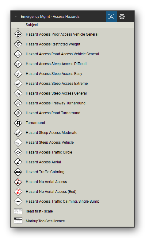 Incident & Emergency Management tool set for Bluebeam Revu, Access Hazards set (tools 21-38 of 38) - 18 tools: Hazard Access Poor Access Vehicle General, Hazard Access Restricted Weight, Hazard Access Road Access Vehicle General, Hazard Access Steep Access Difficult, Hazard Access Steep Access Easy, Hazard Access Steep Access Extreme, Hazard Access Steep Access General, Hazard Access Freeway Turnaround, Hazard Access Road Turnaround and more. Tool Chest in Detail view, one row per tool with its name.