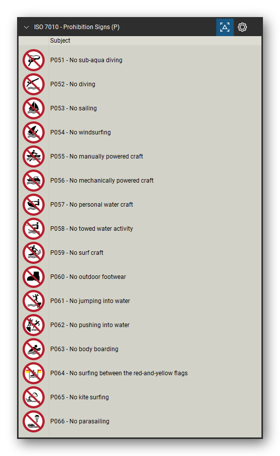 ISO 7010 Safety Signs tool set for Bluebeam Revu, Prohibition Signs (P) set (part 4 of 5) - 81 prohibition signs, red ring and bar: general prohibition sign, no smoking, no open flame, no thoroughfare, not drinking water, no access for forklift trucks, no access for people with implanted cardiac devices, do not touch, do not extinguish with water, no mobile phones, do not use lift in the event of fire, do not obstruct and more. Tool Chest in Detail view, one row per sign with its number and full name.