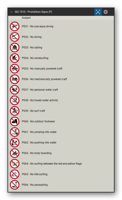 ISO 7010 Safety Signs tool set for Bluebeam Revu, Prohibition Signs (P) set (part 4 of 5) - 81 prohibition signs, red ring and bar: general prohibition sign, no smoking, no open flame, no thoroughfare, not drinking water, no access for forklift trucks, no access for people with implanted cardiac devices, do not touch, do not extinguish with water, no mobile phones, do not use lift in the event of fire, do not obstruct and more. Tool Chest in Detail view, one row per sign with its number and full name.