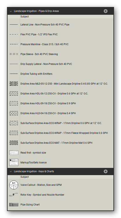 Landscape Irrigation tool set for Bluebeam Revu, the Pipes & Drip Areas and Keys & Charts sets (part 1 of 2) in the Tool Chest - 6 pipe lines and 7 dripline areas and 4 keys and charts. Tool Chest in Detail view, one row per tool with its full name.
