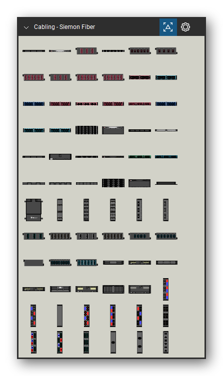 Patch Panels, Fiber & Outlets tool set for Bluebeam Revu, Siemon Fiber set (tools 1-72 of 86) - 72 views of 70 devices, front and top: FCP3-DWR, LS8-1U-01 - Closed, PPM-12-LCEV-01(X) (MFS), LS8-1U-01 - Open, PPM-F-MP72-01-E (MFS), PPM-F-MP48-01-E (MFS), PPM-F-LCE24-01 (MFS), PPM-F-LCE12-01 (MFS), PPM-24-LCEV-01(X) (MFS), PEM(X)24-LC(X)E-(XX)A (MFS) and 60 more. Tool Chest in Symbol view.