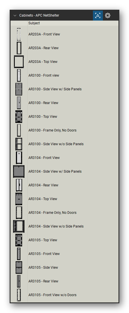 Racks, Cabinets & Cable Pathways tool set for Bluebeam Revu, APC NetShelter set (tools 1-20 of 133) - 20 views of 11 devices, front, rear, side and top: AR203A, AR3100, AR3100 - Side View w/ Side Panels, AR3100 - Frame Only, No Doors, AR3100 - Side View w/o Side Panels, AR3104, AR3104 - Side View w/ Side Panels, AR3104 - Frame Only, No Doors, AR3104 - Side View w/o Side Panels, AR3105 and 1 more. Tool Chest in Detail view, one row per tool with its name.