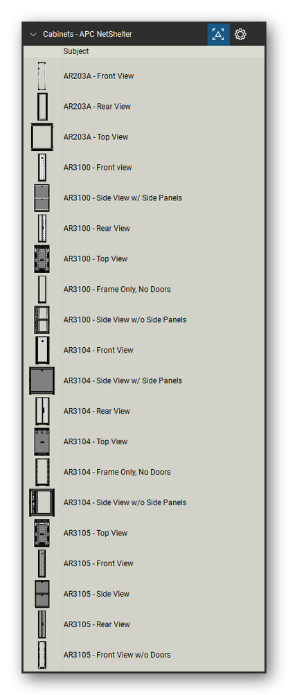 Racks, Cabinets & Cable Pathways tool set for Bluebeam Revu, APC NetShelter set (tools 1-20 of 133) - 20 views of 11 devices, front, rear, side and top: AR203A, AR3100, AR3100 - Side View w/ Side Panels, AR3100 - Frame Only, No Doors, AR3100 - Side View w/o Side Panels, AR3104, AR3104 - Side View w/ Side Panels, AR3104 - Frame Only, No Doors, AR3104 - Side View w/o Side Panels, AR3105 and 1 more. Tool Chest in Detail view, one row per tool with its name.