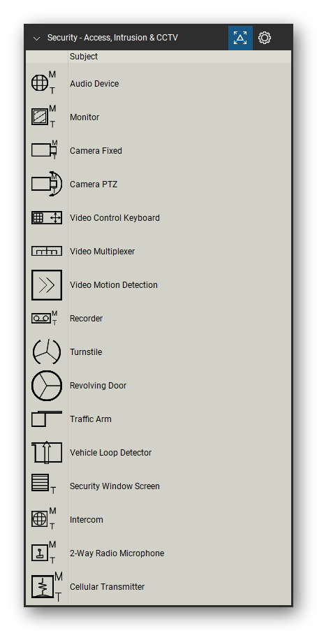 Security & Surveillance tool set for Bluebeam Revu, Access, Intrusion & CCTV set (tools 16-31 of 44) - 16 tools: Audio Device, Monitor, Camera Fixed, Camera PTZ, Video Control Keyboard, Video Multiplexer, Video Motion Detection, Recorder, Turnstile, Revolving Door and 6 more. Tool Chest in Detail view, one row per tool with its name.
