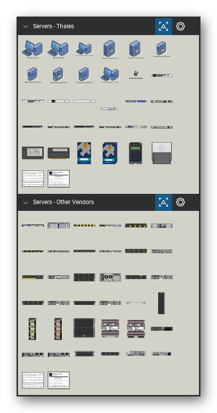 Servers tool set for Bluebeam Revu, the Thales and Other Vendors sets in the Tool Chest - Thales (30 views of 26 devices) and Other Vendors (36 views of 24 devices). Tool Chest in Symbol view.