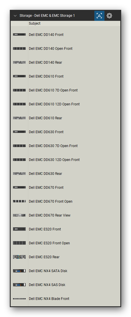 Storage & Backup tool set for Bluebeam Revu, Dell EMC & EMC Storage 1 set (tools 1-20 of 208) - 20 views of 15 devices, front and rear: Dell EMC DD140, Dell EMC DD140 Open, Dell EMC DD610, Dell EMC DD610 7D Open, Dell EMC DD610 12D Open, Dell EMC DD630, Dell EMC DD630 7D Open, Dell EMC DD630 12D Open, Dell EMC DD670, Dell EMC DD670 Front Open and 5 more. Tool Chest in Detail view, one row per tool with its name.
