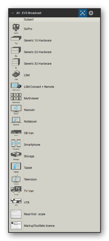 AV, Broadcast & Stage Lighting tool set for Bluebeam Revu, EVS Broadcast set (tools 56-71 of 71) - 16 tools: GoPro, Generic 1U Hardware, Generic 2U Hardware, Generic 3U Hardware, LSM, LSM Connect + Remote, Multiviewer, NanoAir, Notebook, OB Van and 6 more. Tool Chest in Detail view, one row per tool with its name.
