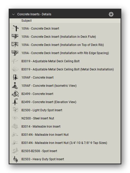 Concrete inserts in the Pipe Hangers and Supports Takeoff & Estimating Bluebeam tool set (sheet 1 of 2)