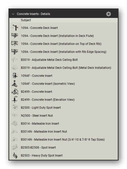 Concrete inserts in the Pipe Hangers and Supports Takeoff & Estimating Bluebeam tool set (sheet 1 of 2)