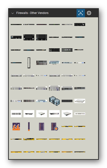 Firewalls & Security Appliances tool set for Bluebeam Revu, Other Vendors set (tools 1-66 of 117) - 66 views of 59 devices, front and rear: Alienvault USM ALL-in-one, Alienvault Server, Alienvault Server bezel, Arbor TMS3000, Arbor TMS4000, Arbor APM-10, Arbor APM-10 RTM, Arbor FRM, Arbor MCM-2, Arbor PEM Blank and 49 more. Tool Chest in Symbol view.