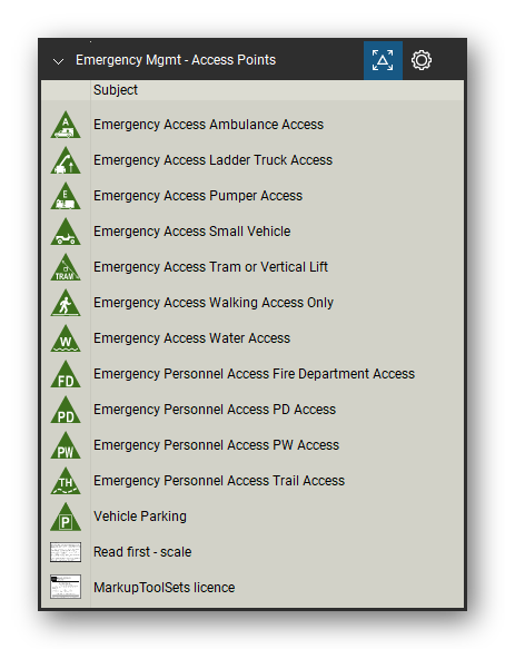 Incident & Emergency Management tool set for Bluebeam Revu, Access Points set - 12 tools: Emergency Access Ambulance Access, Emergency Access Ladder Truck Access, Emergency Access Pumper Access, Emergency Access Small Vehicle, Emergency Access Tram or Vertical Lift, Emergency Access Walking Access Only, Emergency Access Water Access, Emergency Personnel Access Fire Department, Emergency Personnel Access PD Access and more. Tool Chest in Detail view, one row per tool with its name.