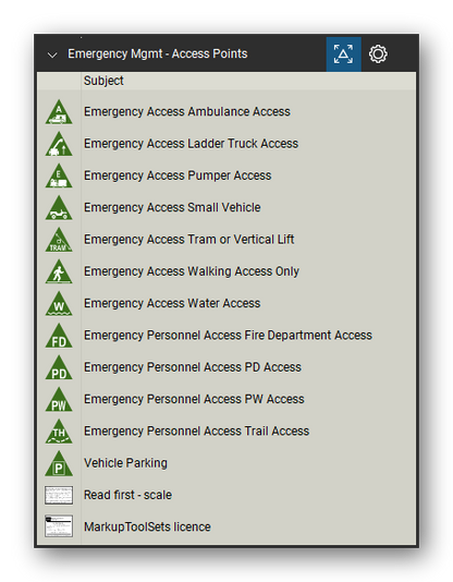 Incident & Emergency Management tool set for Bluebeam Revu, Access Points set - 12 tools: Emergency Access Ambulance Access, Emergency Access Ladder Truck Access, Emergency Access Pumper Access, Emergency Access Small Vehicle, Emergency Access Tram or Vertical Lift, Emergency Access Walking Access Only, Emergency Access Water Access, Emergency Personnel Access Fire Department, Emergency Personnel Access PD Access and more. Tool Chest in Detail view, one row per tool with its name.