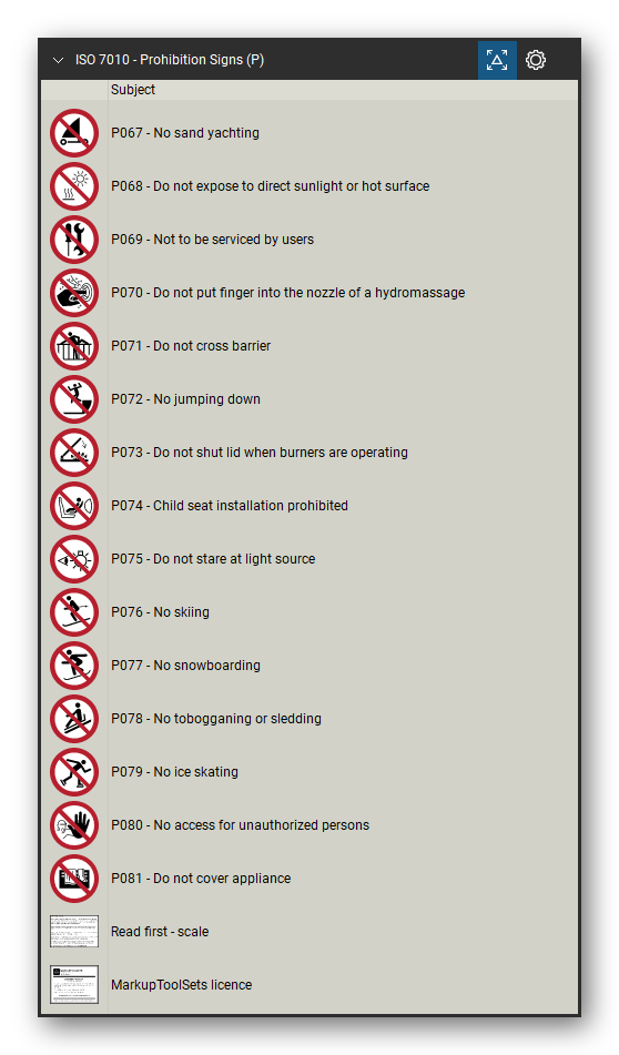 ISO 7010 Safety Signs tool set for Bluebeam Revu, Prohibition Signs (P) set (part 5 of 5) - 81 prohibition signs, red ring and bar: general prohibition sign, no smoking, no open flame, no thoroughfare, not drinking water, no access for forklift trucks, no access for people with implanted cardiac devices, do not touch, do not extinguish with water, no mobile phones, do not use lift in the event of fire, do not obstruct and more. Tool Chest in Detail view, one row per sign with its number and full name.