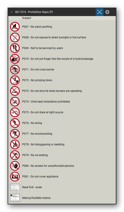 ISO 7010 Safety Signs tool set for Bluebeam Revu, Prohibition Signs (P) set (part 5 of 5) - 81 prohibition signs, red ring and bar: general prohibition sign, no smoking, no open flame, no thoroughfare, not drinking water, no access for forklift trucks, no access for people with implanted cardiac devices, do not touch, do not extinguish with water, no mobile phones, do not use lift in the event of fire, do not obstruct and more. Tool Chest in Detail view, one row per sign with its number and full name.