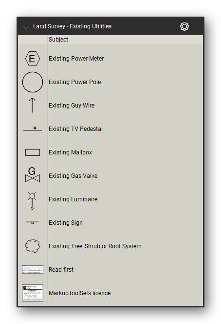 Land Survey tool set for Bluebeam Revu, Existing Utilities set (part 2 of 2) - 19 existing utility and site symbols: wastewater and storm manholes, catch basins, cleanouts, water and power meters, irrigation controller, gate and gas valves, fire hydrant, power pole, guy wire, TV pedestal, mailbox, luminaire, sign and tree. Tool Chest in Detail view, one row per tool with its full name.