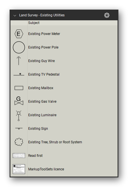 Land Survey tool set for Bluebeam Revu, Existing Utilities set (part 2 of 2) - 19 existing utility and site symbols: wastewater and storm manholes, catch basins, cleanouts, water and power meters, irrigation controller, gate and gas valves, fire hydrant, power pole, guy wire, TV pedestal, mailbox, luminaire, sign and tree. Tool Chest in Detail view, one row per tool with its full name.