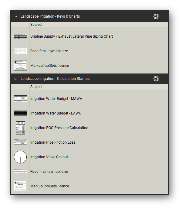 Landscape Irrigation tool set for Bluebeam Revu, the Keys & Charts and Calculation Stamps sets (part 2 of 2) in the Tool Chest - 4 keys and charts and 5 calculation stamps. Tool Chest in Detail view, one row per tool with its full name.