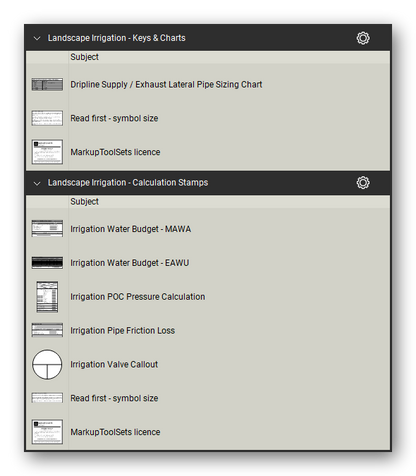 Landscape Irrigation tool set for Bluebeam Revu, the Keys & Charts and Calculation Stamps sets (part 2 of 2) in the Tool Chest - 4 keys and charts and 5 calculation stamps. Tool Chest in Detail view, one row per tool with its full name.