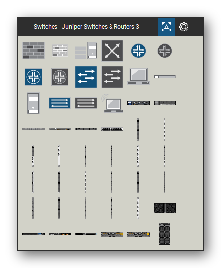 Network Switches & Routers tool set for Bluebeam Revu, Juniper Switches & Routers 3 set (tools 1-48 of 221) - 48 views of 47 devices, front and rear: Firewall, Dark Grey, Firewall, Light Grey, Database Server, FCoE Switch, Router, Blue, Router, Grey, L2/L3 Switch, Blue, L2/L3 Switch, Grey, L2/L3 Switch, Flat Arrows, Blue, L2/L3 Switch, Flat Arrows, Grey and 37 more. Tool Chest in Symbol view.
