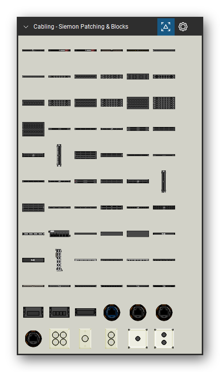 Patch Panels, Fiber & Outlets tool set for Bluebeam Revu, Siemon Patching & Blocks set (tools 1-72 of 138) - 72 tools: M-SPPA-K24E(XX), M-DCP, M-MCP, M-SFE-LC48-01, M-SPP-K24E, Cat 5e Inline Coupler Panel, Cat 6 Inline Coupler Panel, CT-PNL-16, CT-PNL-16-ID, CT-PNL-24 and 62 more. Tool Chest in Symbol view.
