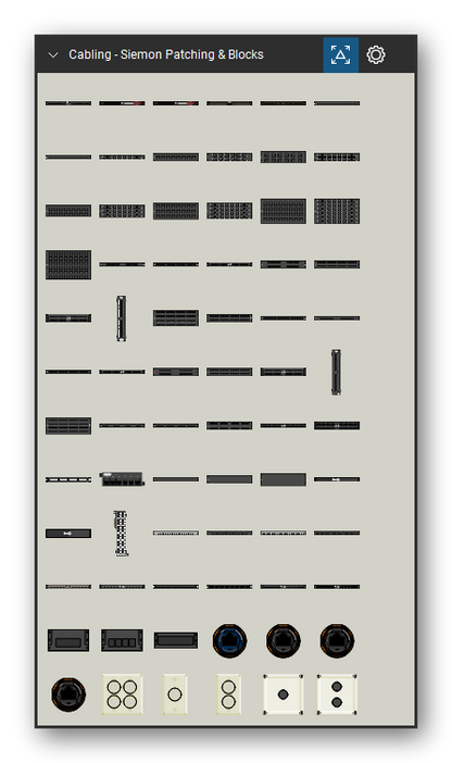 Patch Panels, Fiber & Outlets tool set for Bluebeam Revu, Siemon Patching & Blocks set (tools 1-72 of 138) - 72 tools: M-SPPA-K24E(XX), M-DCP, M-MCP, M-SFE-LC48-01, M-SPP-K24E, Cat 5e Inline Coupler Panel, Cat 6 Inline Coupler Panel, CT-PNL-16, CT-PNL-16-ID, CT-PNL-24 and 62 more. Tool Chest in Symbol view.