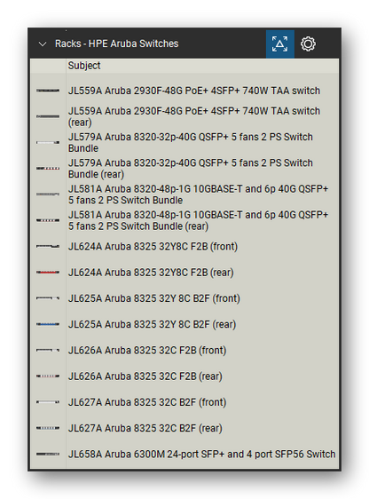 Racks tool set for Bluebeam Revu, HPE Aruba Switches set (part 7 of 10) - 187 views of Aruba 2530, 2540, 2930F, 2930M, 3810M, 5400R, 6200F, 6300, 6400, 8320, 8325 and 8400 switches with their modules, power supplies and fan trays, front and rear, and SFP and QSFP transceivers. Tool Chest in Detail view, one row per tool with its name.