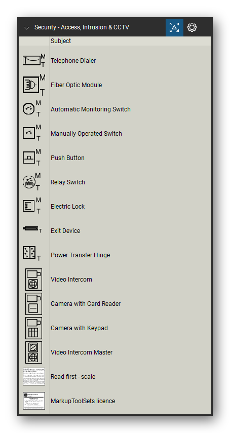 Security & Surveillance tool set for Bluebeam Revu, Access, Intrusion & CCTV set (tools 32-44 of 44) - 13 tools: Telephone Dialer, Fiber Optic Module, Automatic Monitoring Switch, Manually Operated Switch, Push Button, Relay Switch, Electric Lock, Exit Device, Power Transfer Hinge, Video Intercom and 3 more. Tool Chest in Detail view, one row per tool with its name.